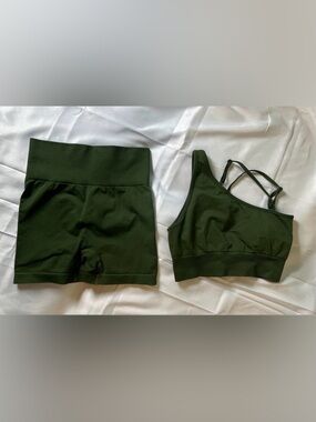 Olive Green Active Set - High Waist Shorts & Sports Bra